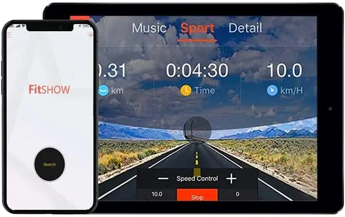Een foto van de Fitshow app op een smartphone en tablet.